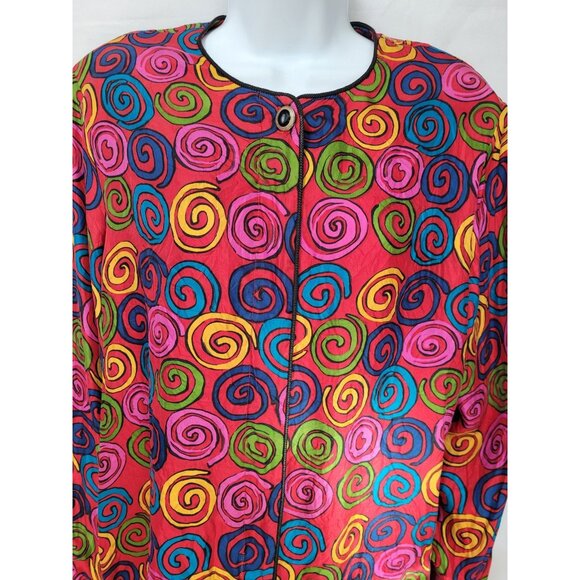 Vintage 90s 100% Silk Blouse L Long Sleeve Button Mod Red Psychedelic - Picture 16 of 16